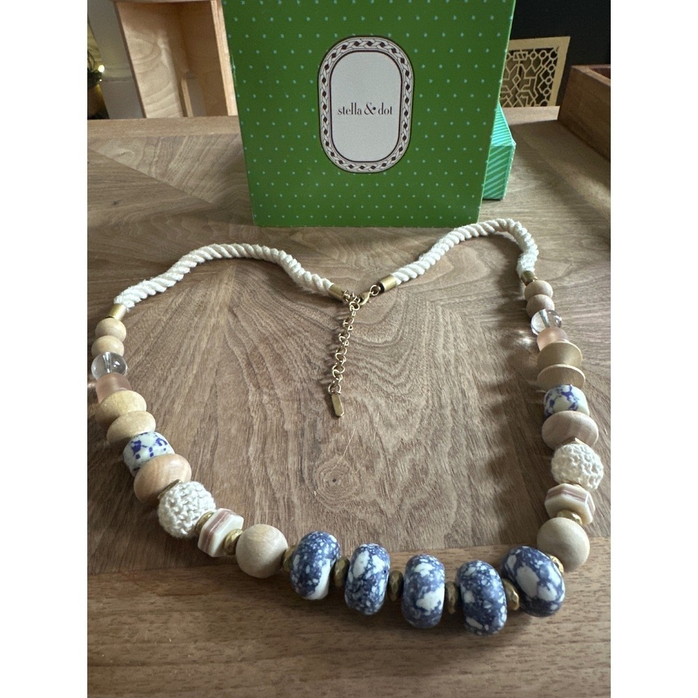 Stella & Dot Abriana Coastal Grandmother Boho Statement Necklace Blue White
